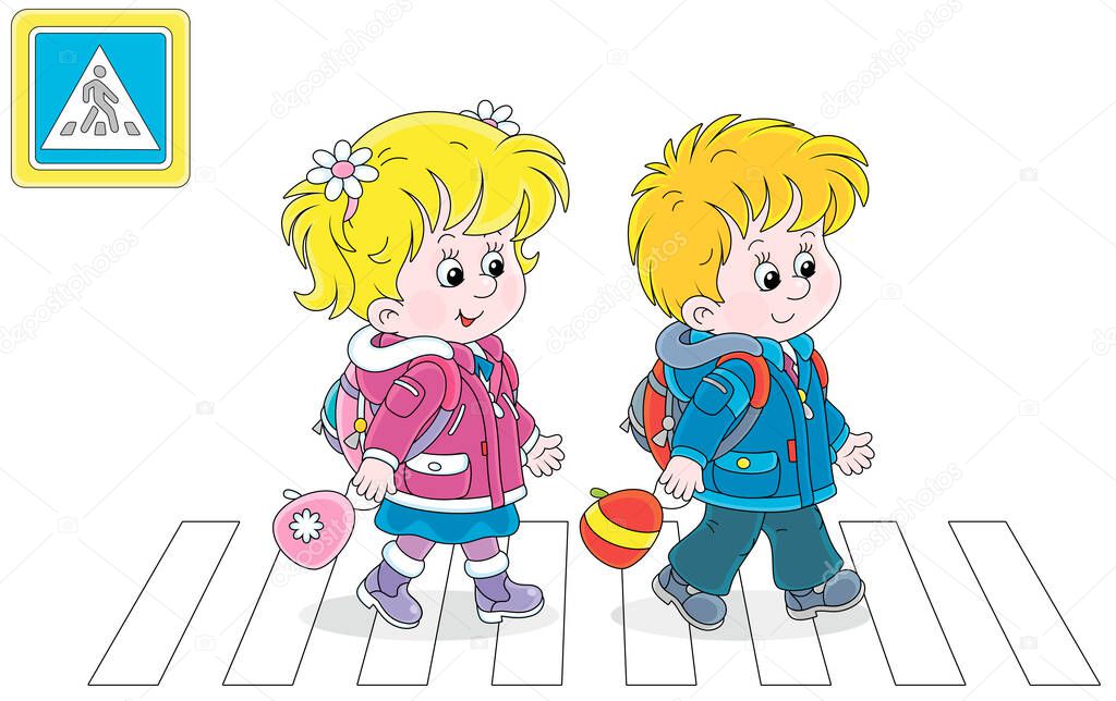 Cheerful little schoolboy and schoolgirl with backpacks going to their school and crossing a road on a zebra crossing, vector cartoon illustration isolated on a white background