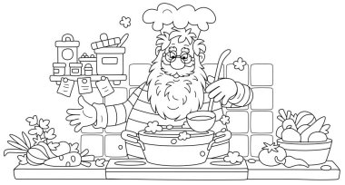 Noel Baba mutfak sobasında duruyor ve bayram yemeği için lezzetli bir sebze çorbası pişiriyor, boyama kitabı sayfası için siyah-beyaz çizgili vektör çizimi
