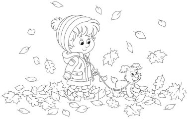Cute little girl and her merry pup walking on autumn leaves around a park, black and white outline vector cartoon illustration for a coloring book page clipart