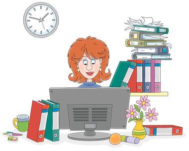 Cute young woman sitting at her desk with documents in folders and working at a desktop computer in an office of a human resources department, vector cartoon illustration isolated on white clipart