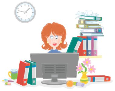 Masasında dosyalarda belgelerle oturan ve insan kaynakları bölümündeki bir masaüstü bilgisayarında çalışan sevimli genç bir kadın. Beyaz üzerine izole edilmiş vektör karikatürü çizimi.