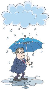 Başarısızlık gününde, yağmur bulutunun altındaki su birikintisinde şemsiyesi olan şanssız üzgün bir adam, beyaz arka planda vektör karikatür çizimi