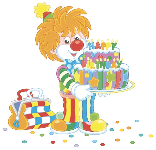 パーティーでデザートのための装飾された甘い誕生日ケーキと面白いカラフルなスーツで優しい笑顔サーカスのピエロ 白い背景に隔離されたベクトル漫画のイラスト — ストックベクタ