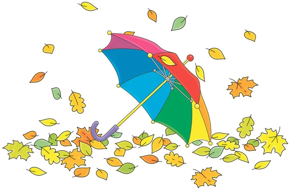 Speelgoedkinderen Paraplu Tussen Kleurrijke Gevallen Herfstbladeren Een Park Vector Cartoon — Stockvector