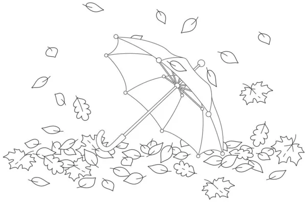 Toy Kids Umbrella Fallen Autumn Leaves Park Black White Outline — Stock Vector