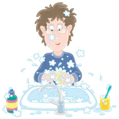 Funny young man with disheveled hair washing his hands in a sink of a bathroom, vector cartoon illustration on a white background clipart