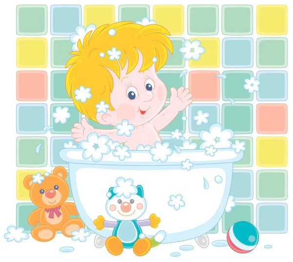 Küçük Mutlu Çocuk Köpük Banyosunda Oynuyor Banyosunda Köpükle Sıçratıyor Beyaz — Stok Vektör