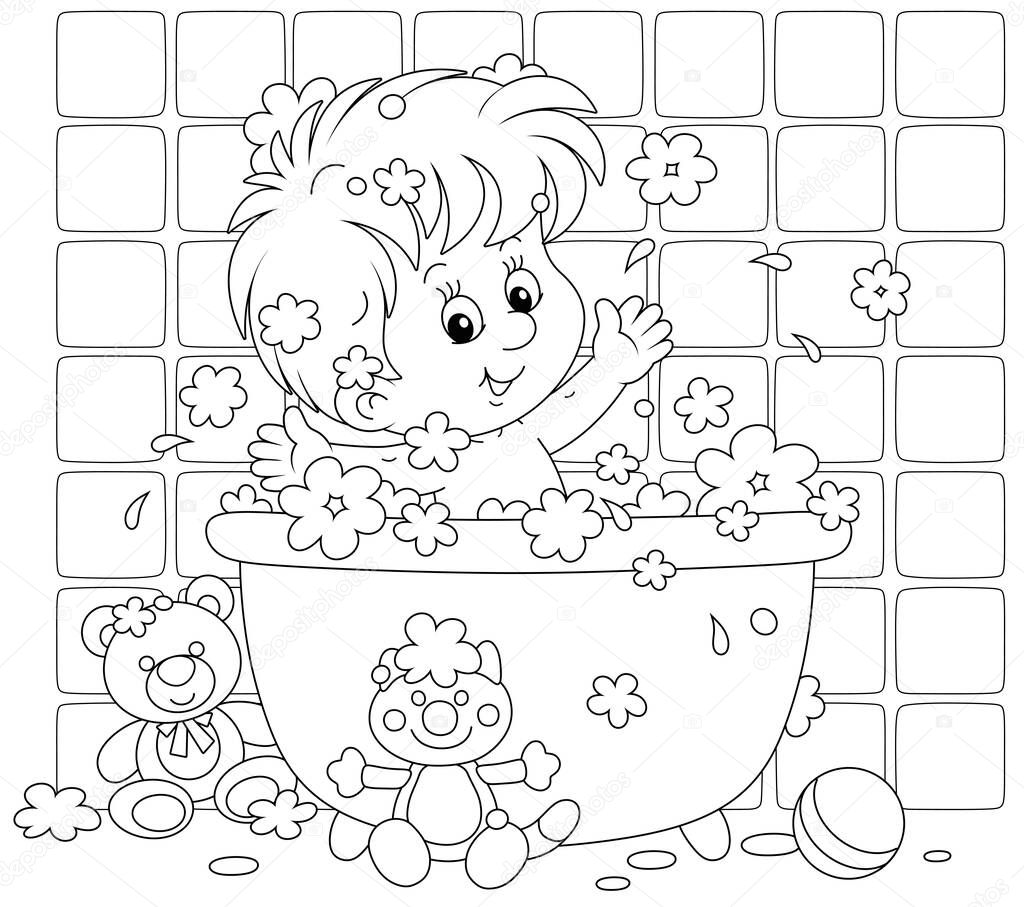 Happy little boy playing in a bubble bath and splashing with foam in a home bathroom, black and white outline vector cartoon illustration for a coloring book page