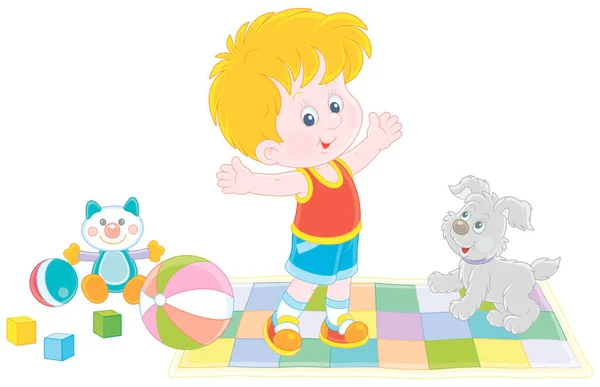 幸せな小さな男の子と彼の陽気なカップは 保育室で面白いおもちゃとカラーカーペットの上で体操をやって 白い背景に隔離されたベクトル漫画のイラスト — ストックベクタ