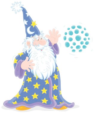 Old good wizard with a big white beard saying mysterious spells and doing tricks with a magic ball, vector cartoon illustration isolated on a white background clipart