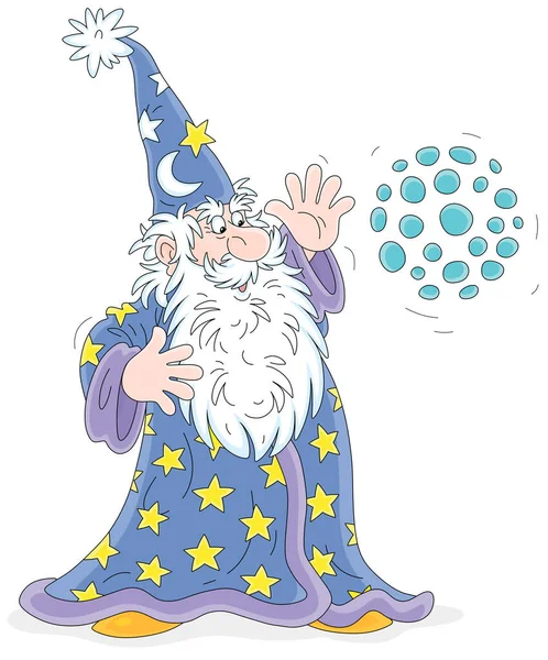 Старый Добрый Волшебник Большой Белой Бородой Говорящий Загадочные Заклинания Делающий — стоковый вектор