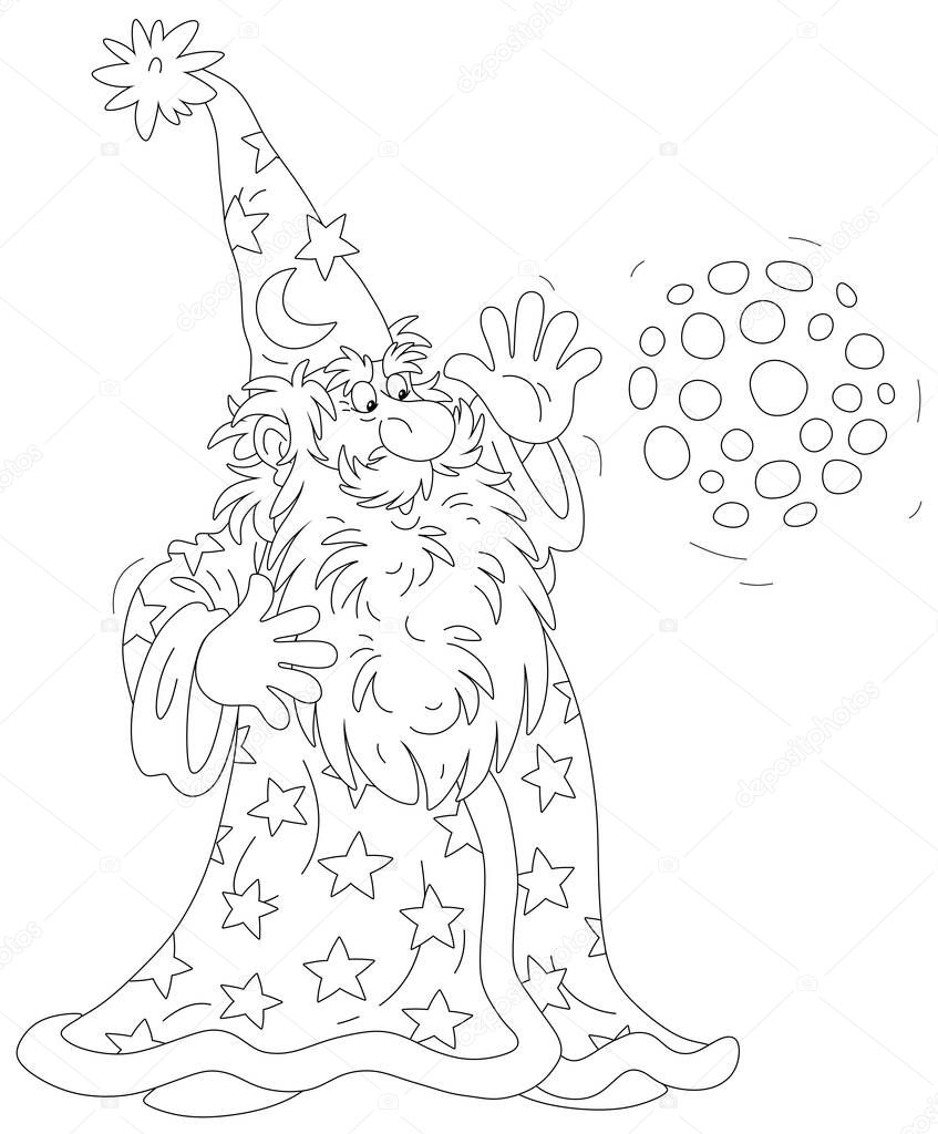 Old good wizard with a big white beard saying mysterious spells and doing tricks with a magic ball, black and white outline vector cartoon illustration for a coloring book page
