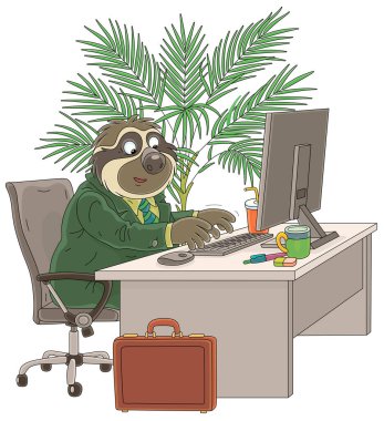 Masasında oturan ve bir ofiste palmiye ağacı olan bir bilgisayarda çalışan komik bir tembel hayvan. Beyaz arka planda izole edilmiş vektör karikatür çizimi.