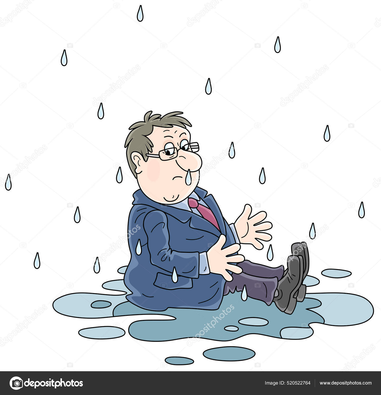 Unlucky Sad Wet Businessman Sitting Puddle Rainy Day Failure Vector ...