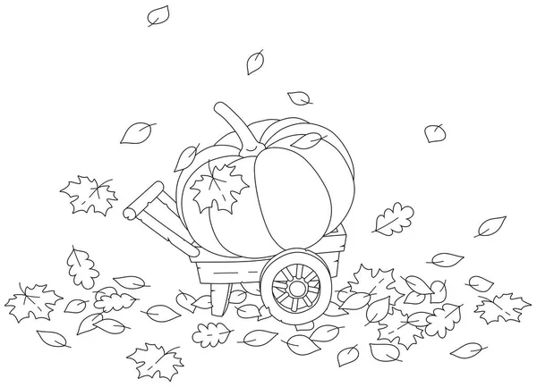 秋の紅葉の間に古い木の車輪の上に大きな丸いカボチャは 着色本のページのための野菜の庭 黒と白のアウトラインベクトル漫画の葉 — ストックベクタ