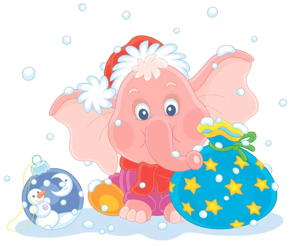 Cute Little Pink Elephant Red White Santa Hat Sitting Snow — Stock Vector