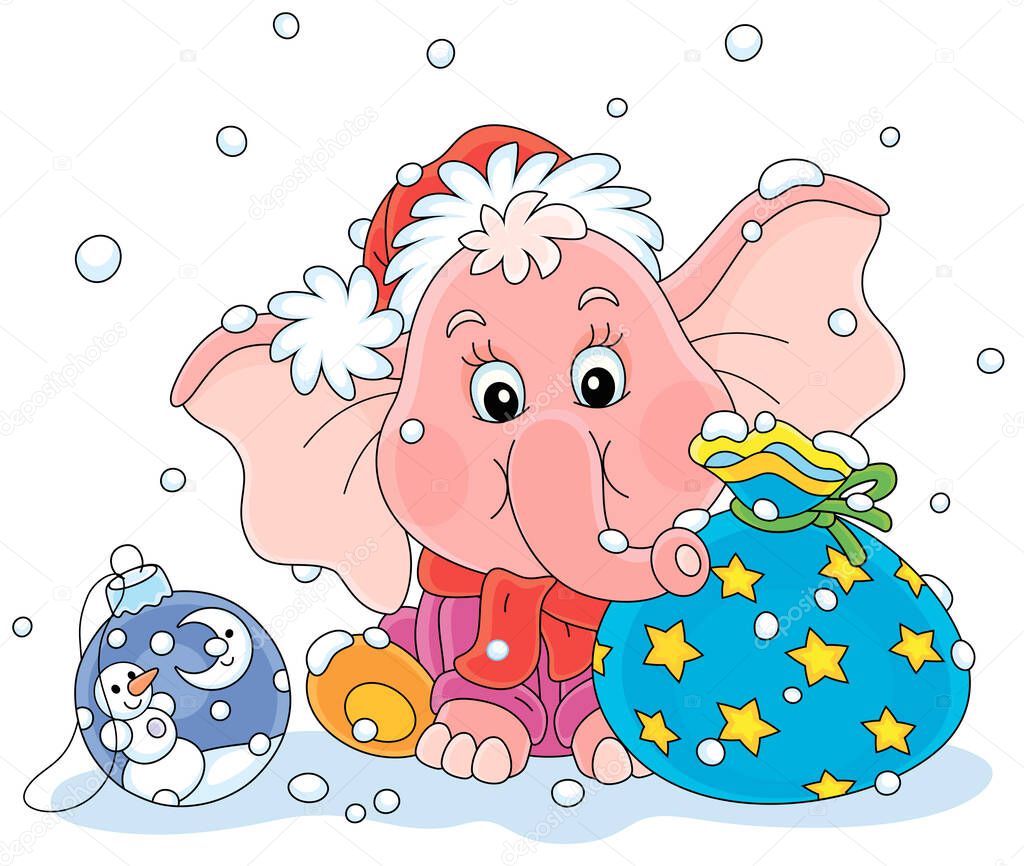 Cute little pink elephant in a red and white Santa hat sitting on snow with a beautiful gift bag and a Christmas toy ball, vector cartoon illustration isolated on a white background