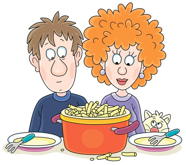 Drôle Jeune Couple Marié Offrant Des Pâtes Leur Cuisine Illustration — Image vectorielle