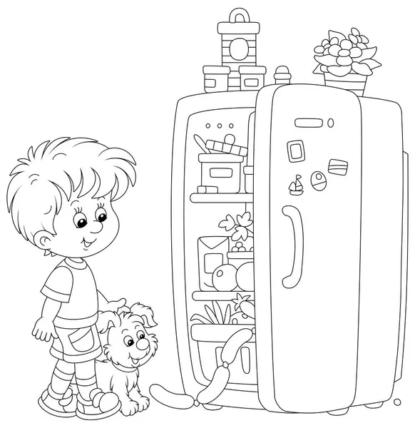 小さな男の子と彼の陽気な子犬は 食品と家の冷蔵庫に興味を持って見て 着色本のページのための何かおいしい 黒と白のアウトラインベクトル漫画のイラストを埋めるために行く — ストックベクタ
