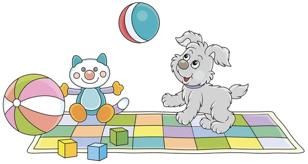 幸せな小さな子犬のギャンブルと子供部屋でカラフルなチェックカーペットのおもちゃの間で縞模様のボールを再生し 白い背景に隔離されたベクトル漫画のイラスト — ストックベクタ