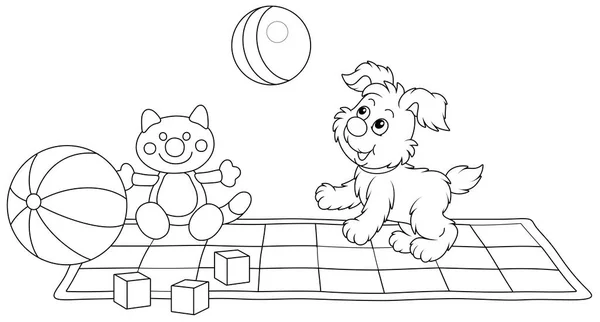 Küçük Yavru Köpek Gibi Oynaşıyor Oyuncakların Arasında Çizgili Bir Top — Stok Vektör
