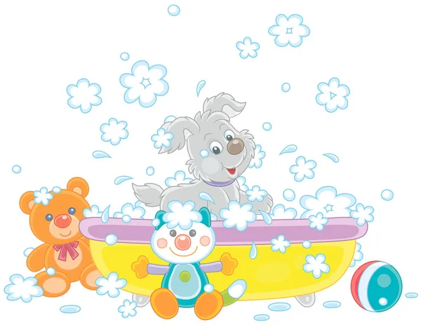 Happy Little Puppy Washing Playing Bubble Bath Splashing Foam Vector — Stock Vector