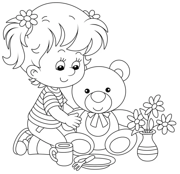 Happy Little Girl Playing Funny Plush Teddy Bear Black White — Stock Vector