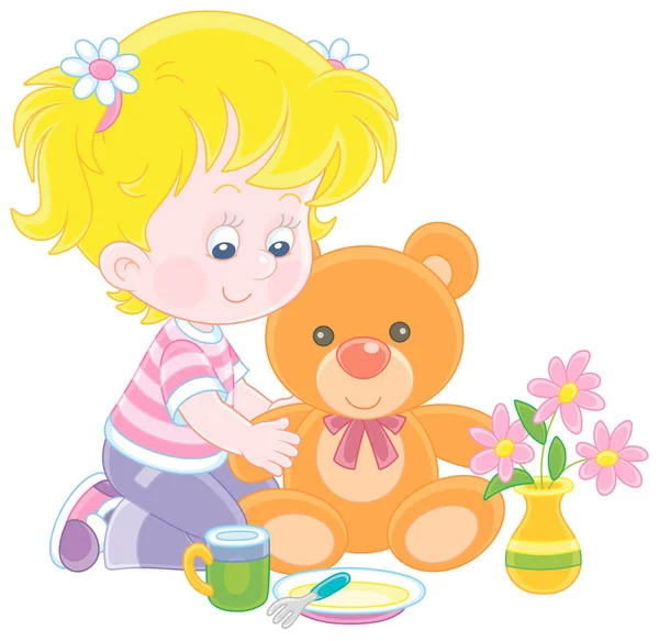Happy Little Girl Playing Funny Plush Teddy Bear Vector Cartoon — Stock Vector