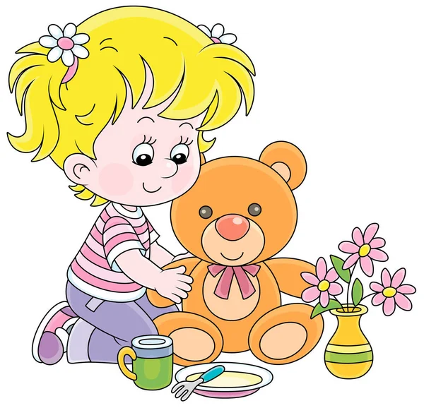 快乐的小女孩在玩一个有趣的毛绒玩具熊 一个白色背景的矢量漫画插图 — 图库矢量图片
