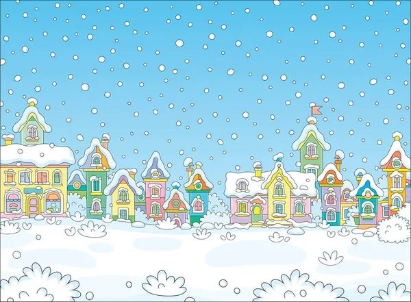 寒い雪の冬の日に小さなおもちゃの町のかなりカラフルな家とクリスマスの背景 ベクトル漫画のイラスト — ストックベクタ