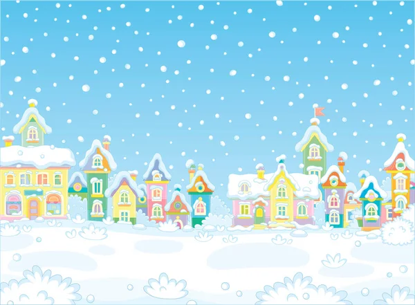 在寒冷多雪的冬季 圣诞背景上有一个小玩具镇五彩缤纷的房子 病媒卡通画 — 图库矢量图片