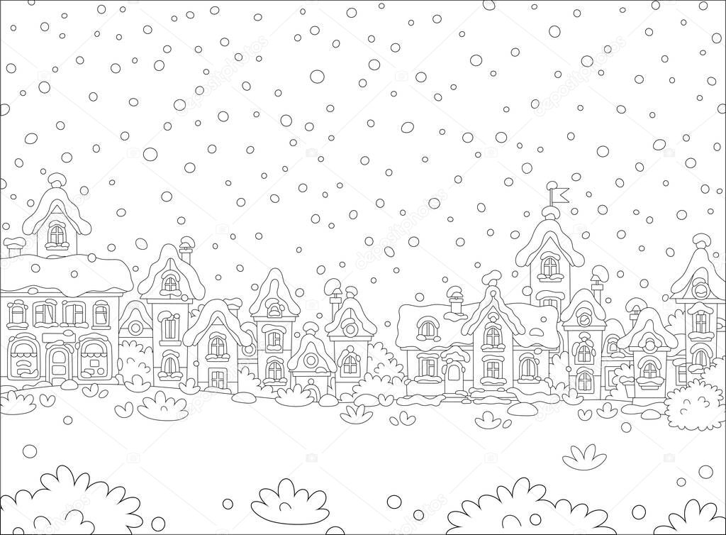 Christmas background with pretty houses of a small toy town on a cold and snowy winter day, black and white outline vector cartoon illustration for a coloring book page