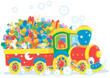 Buharlı lokomotifli şirin oyuncak tren çocuklar için Noel hediyesi arabası çekiyor. Beyaz arka planda izole edilmiş vektör karikatür çizimi.
