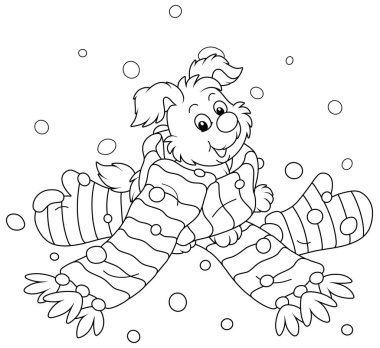 Merry little pup playing in a long striped scarf and mittens, black and white outline vector cartoon illustration for a coloring book page clipart