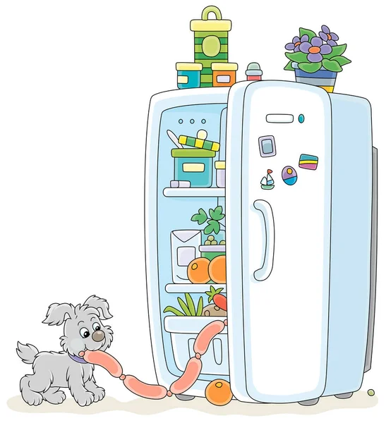 Маленький Щеня Глютон Подає Смачні Ковбаски Холодильника Продуктами Харчування Векторна — стоковий вектор