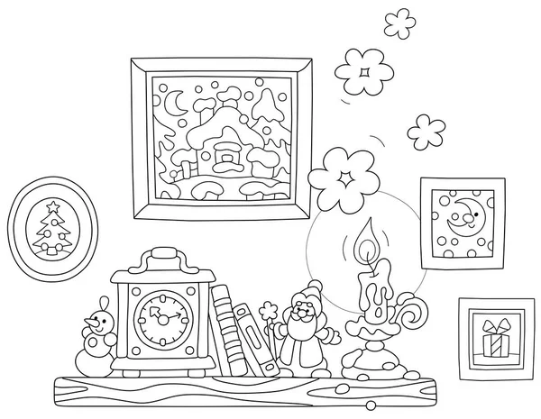 木制壁炉架 装有一个古老的时钟 冬日的图画和燃烧的蜡蜡烛 黑色和白色的轮廓矢量卡通画 用于彩色书籍页 — 图库矢量图片