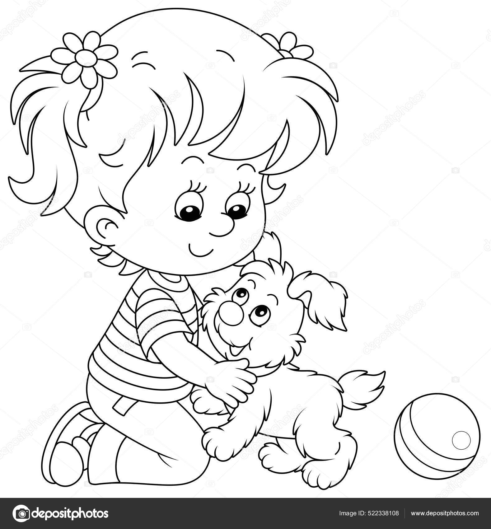 Desenho de Menina com Seu Cachorro de Estimação para colorir