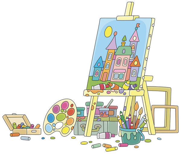 Art studio of a painter in artistic mess with an easel, a picture of a small town on a canvas, color materials, brushes, pencils and frames, vector cartoon illustration on a white background