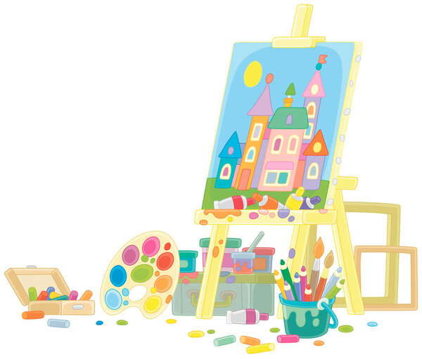 Художественная студия художника в художественном беспорядке с мольбертом, картина маленького городка на холсте, цветные материалы, кисти, карандаши и рамки, векторная карикатура на белом фоне