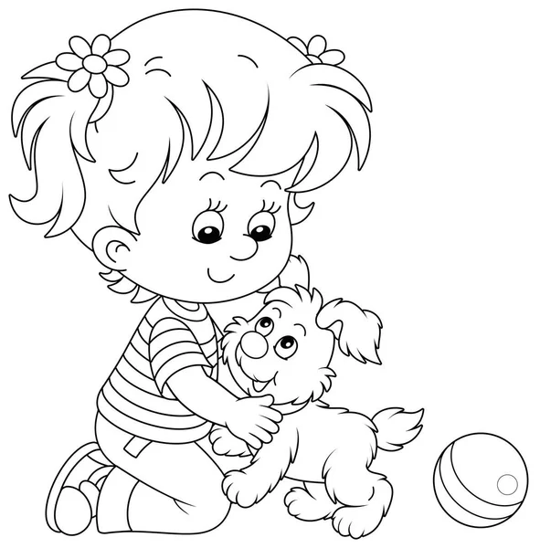 Happy Little Girl Romping Playing Her Merry Small Puppy Black — Stockvector