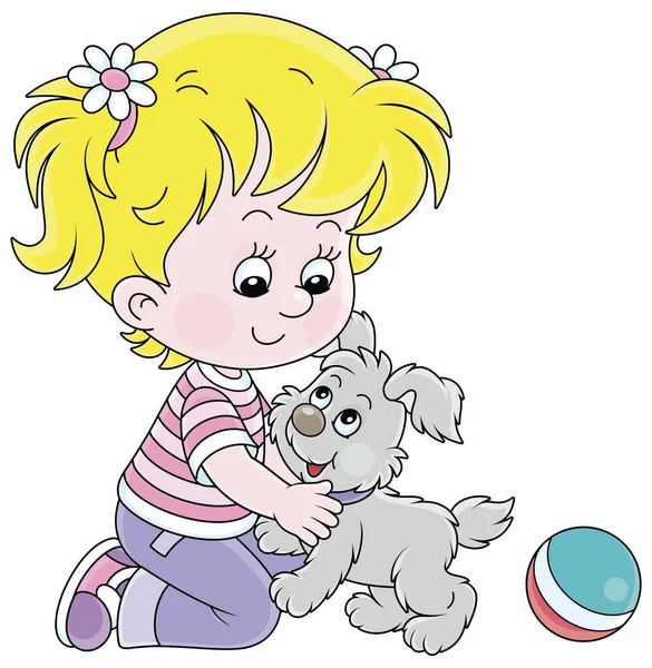 幸せな女の子Rompingと遊びともに彼女のメリー小さな子犬 ベクトル漫画イラスト孤立した白い背景 — ストックベクタ
