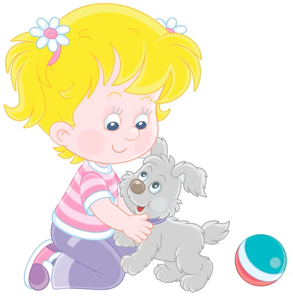 Feliz Niña Jugueteando Jugando Con Pequeño Cachorro Alegre Ilustración Dibujos — Vector de stock