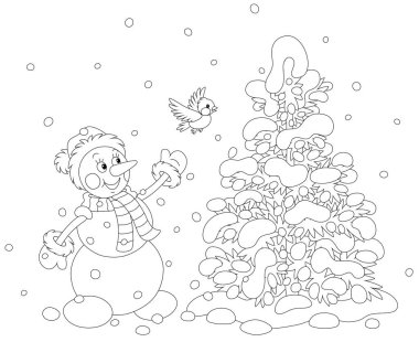 Komik oyuncak kardan adam dostu gülümseme ve güzel bir kış parkında küçük neşeli bir kuş ile oynamak, bir boyama kitabı sayfası için siyah-beyaz çizim vektör çizimi
