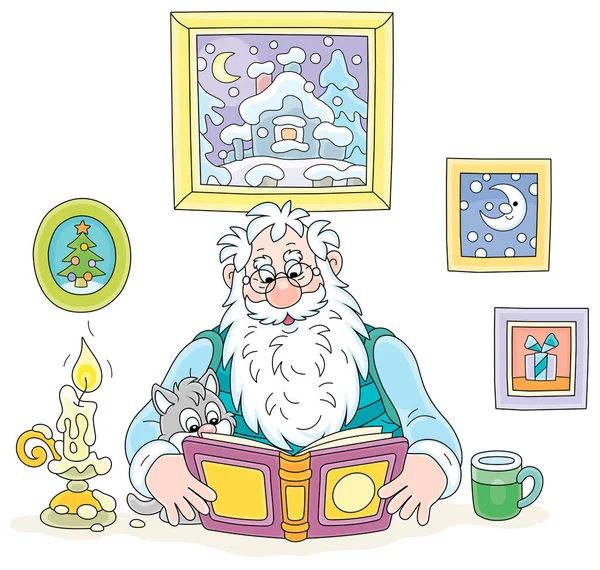 Санта Клаус Своим Котенком Читающим Интересную Книгу Свечах Зимним Вечером — стоковый вектор
