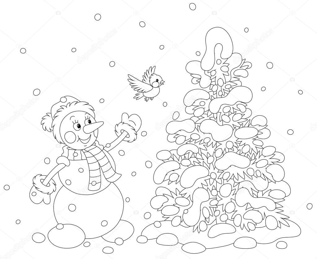Funny toy snowman friendly smiling and playing with a merry small bird near a pretty fir in a snowy winter park, black and white outline vector cartoon illustration for a coloring book page