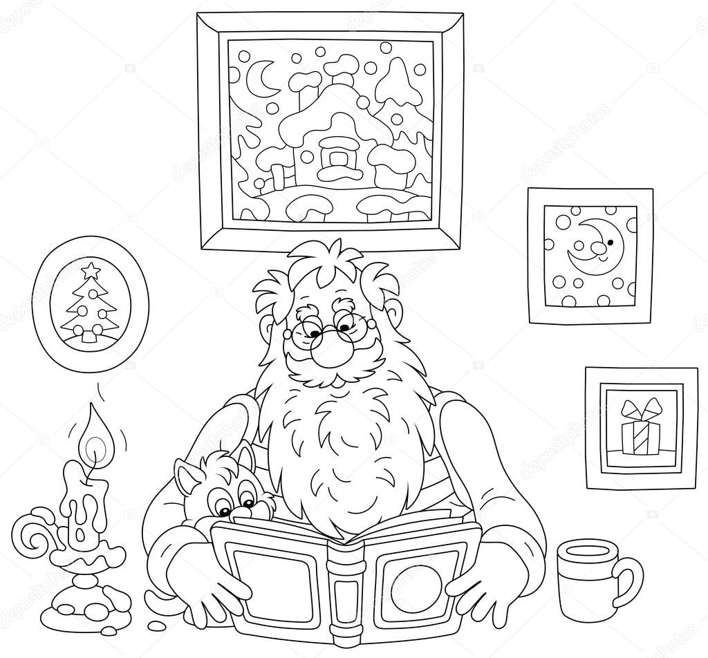 Santa Claus with his little kitten reading an interesting book by candlelight on a winter evening, black and white outline vector cartoon illustration for a coloring book page