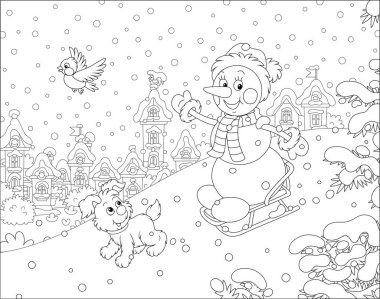 Mutlu küçük bir kardan adam ve neşeli küçük bir köpek yavrusu kış tatilinde güzel bir kasabanın karlı parkında, bir oyun parkında neşeyle kayıyorlar.