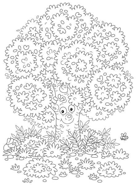 美しい森の緑 黒と白のアウトライン上の芝生の大きな枝のオークの木 茂みやキノコベクトル漫画のイラスト着色本のページのために — ストックベクタ