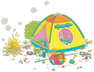 Yaz tatilindeki komik bir partiden sonra yanan kamp ateşi ve ürkütücü bir karmaşa ile yaz kampı, vektör karikatür çizimleri beyazlara izole edilmiş.