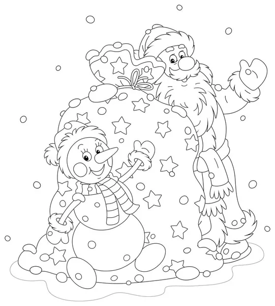 Santa Claus Muñeco Nieve Divertido Con Una Gran Bolsa Regalos — Vector de stock